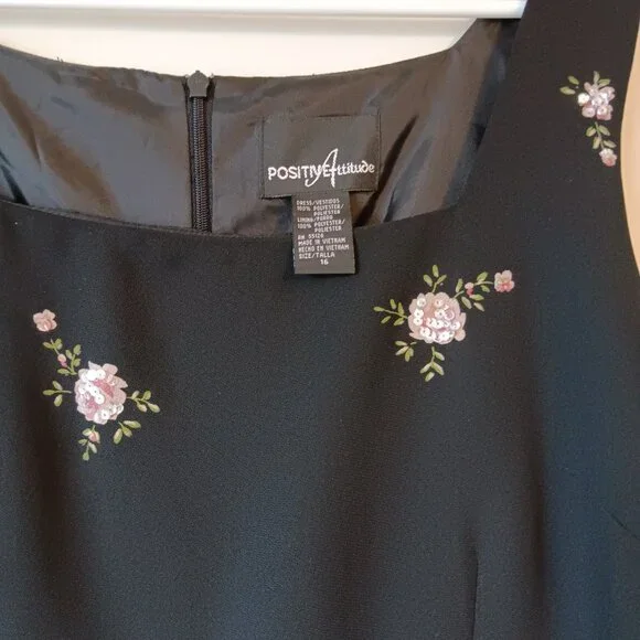 Black Sequin Floral Shift Dress Sleeveless Size 16 Positive Attitude - Picture 2 of 3